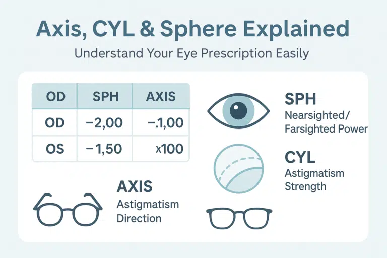 Infographic explaining Axis, CYL, and SPH in an eye prescription with labeled examples, sample prescription
