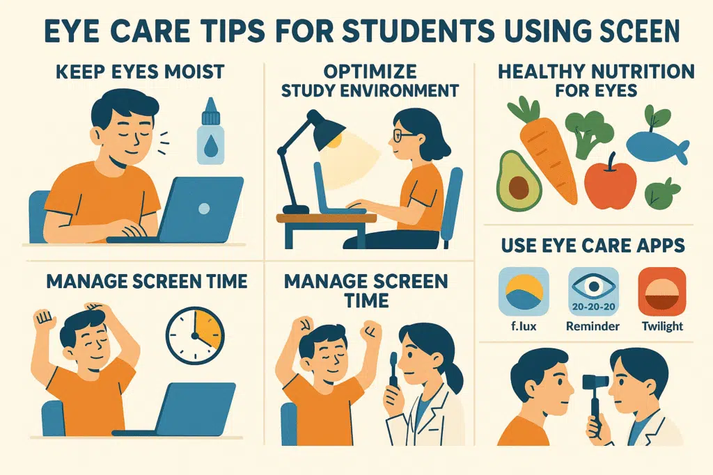 “Eye care tips for students using screens – hydration, blue light protection, posture, and regular breaks.”