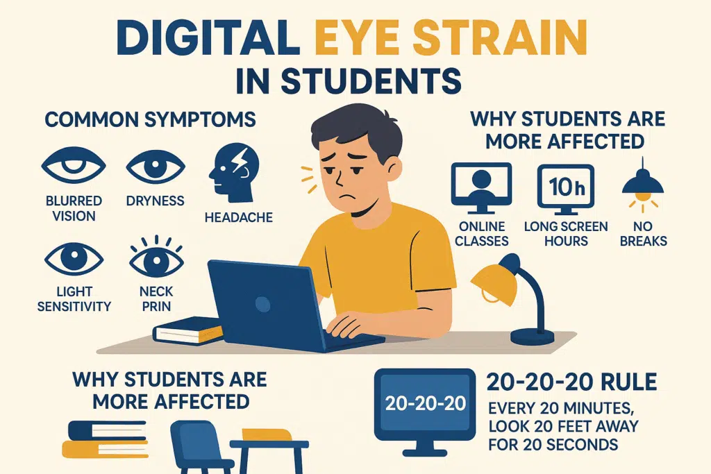 “Infographic explaining digital eye strain and 20-20-20 rule for students using screens.”